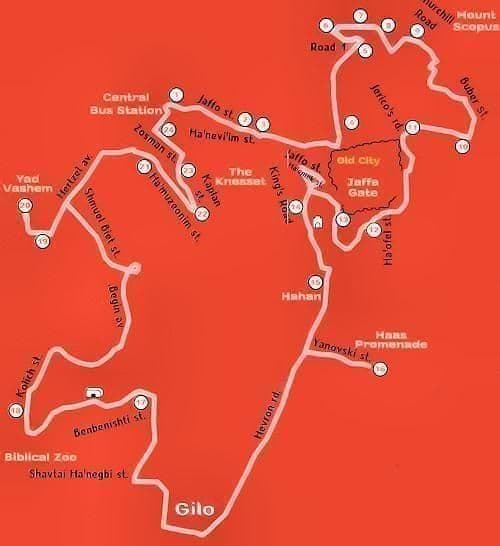 Mapa de excursiones en autobús de Jerusalén Hop On Hop Off