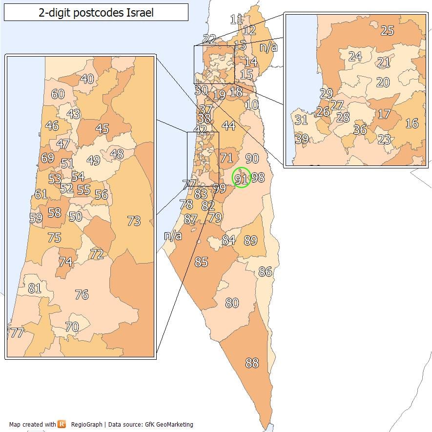 Mapa de códigos postales de Jerusalén