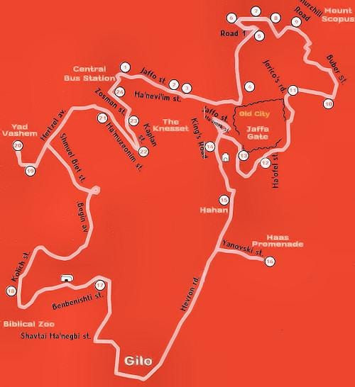 Mapa de excursiones en autobús de Jerusalén Hop On Hop Off